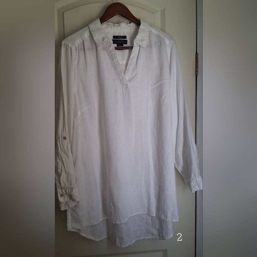 Tahari Linen Rayon Linen Neutral Long Sleeve Sz S Womens Blouse Beachy Light